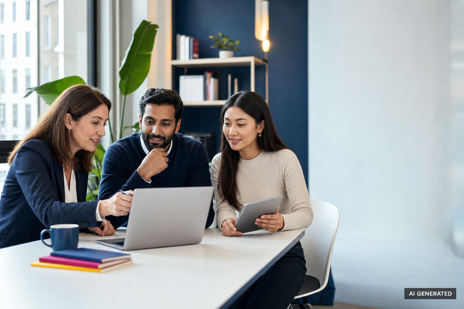 Berufstätige bei der digitalen MBA-Anmeldung und Anrechnungsberatung – AI GENERATED
