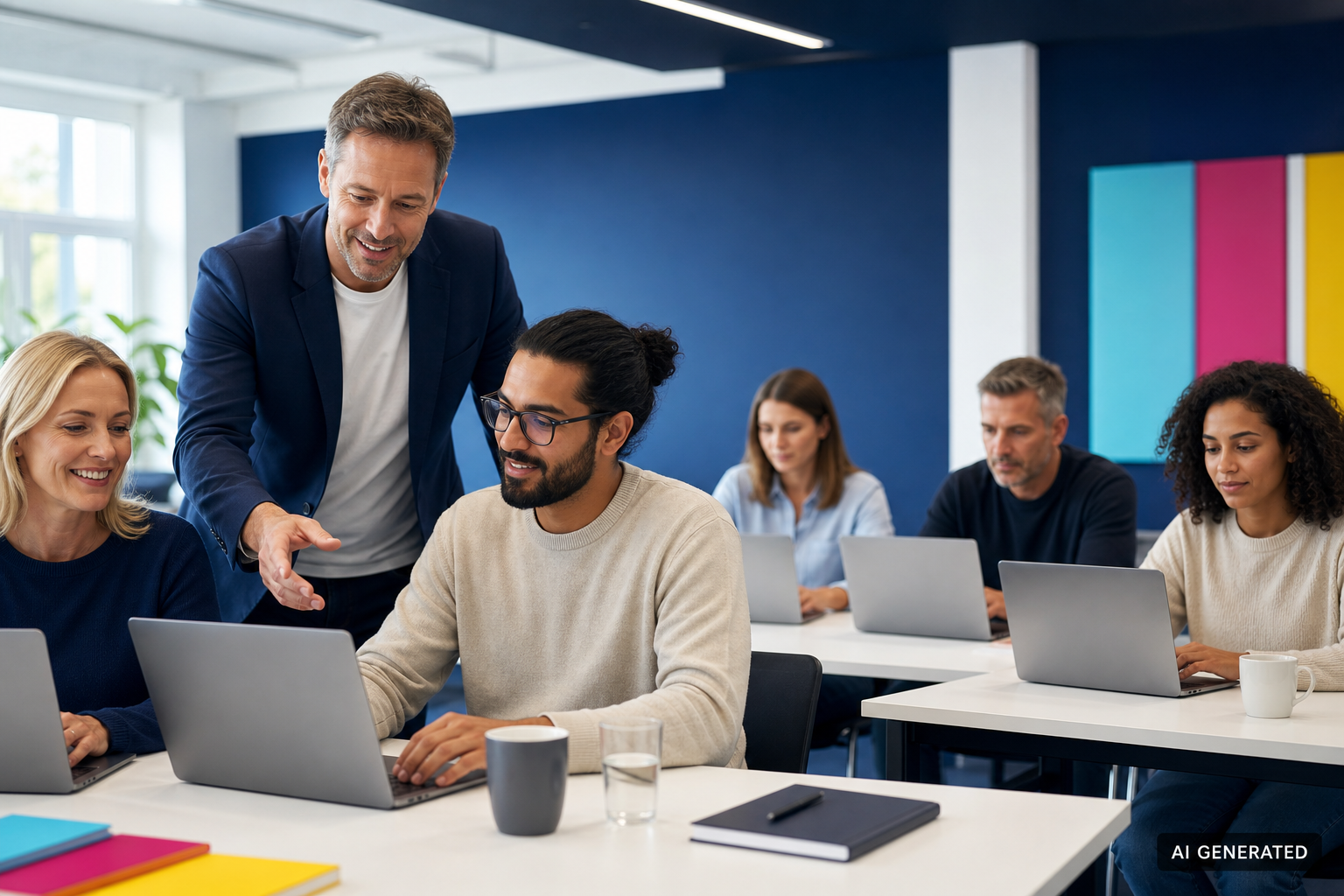 Teilnehmende in einer digitalen Weiterbildung bei GrandEdu Media – AI GENERATED