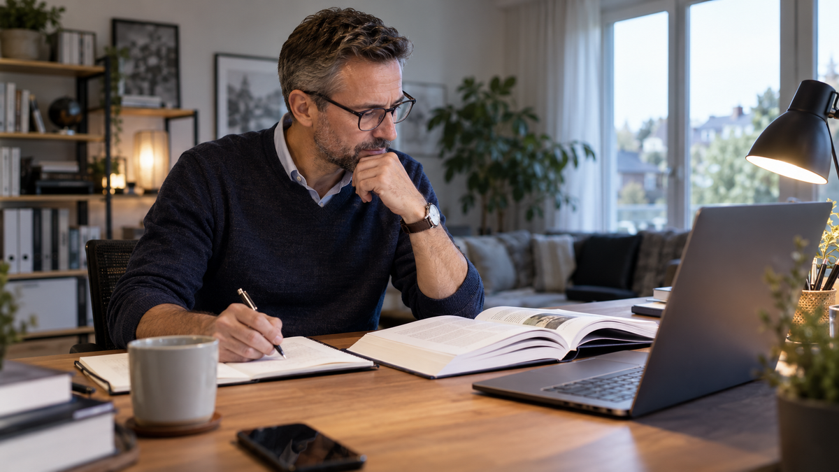 Berufserfahrener MBA-Interessent bereitet sich am Schreibtisch mit Fachbuch, Laptop und eigenen Notizen auf wissenschaftliches Arbeiten vor