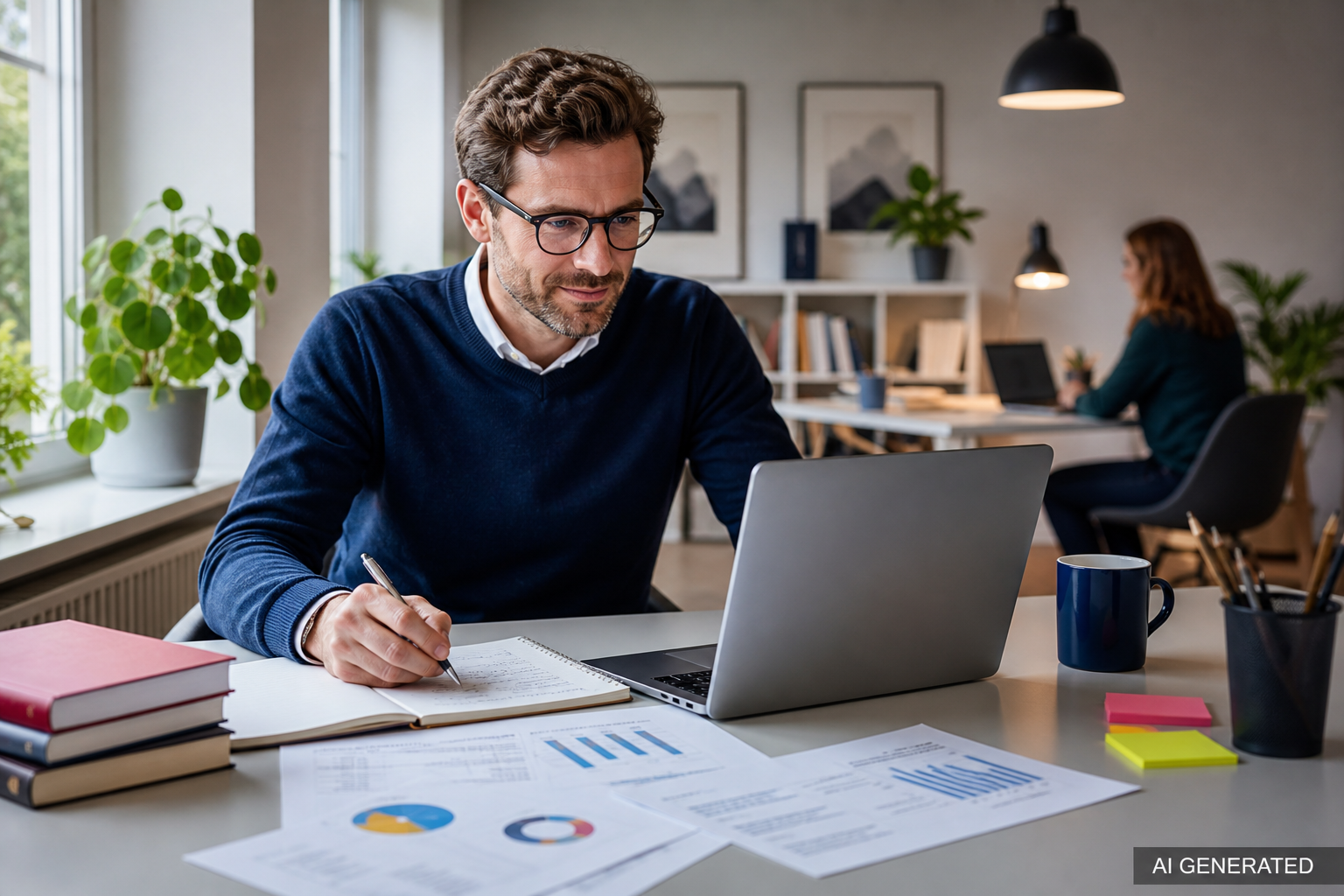 KI-generierte Szene eines berufsbegleitend lernenden HR-Professionals am Laptop