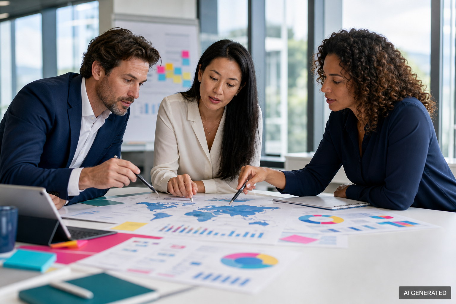 Drei Berufstätige besprechen Strategieunterlagen in einer Weiterbildung; unten rechts mit Kennzeichnung AI GENERATED.